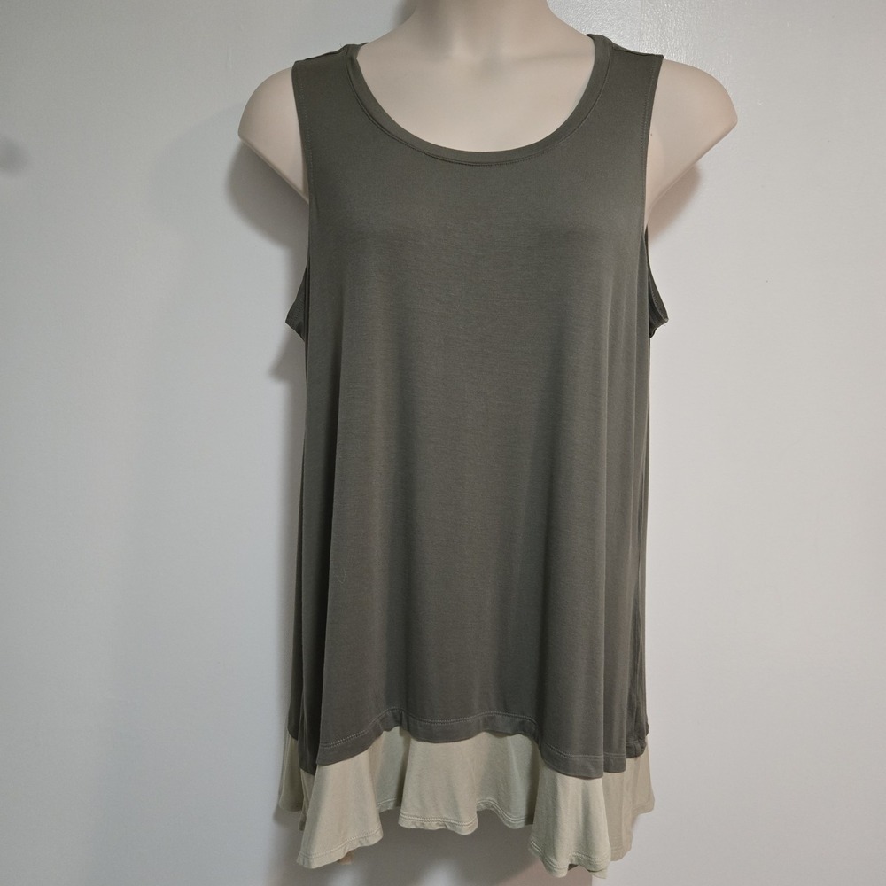 LOGO by Lori Size 1X Olive Knit Tank Tunic Contrast Hem Nature Spring A285363